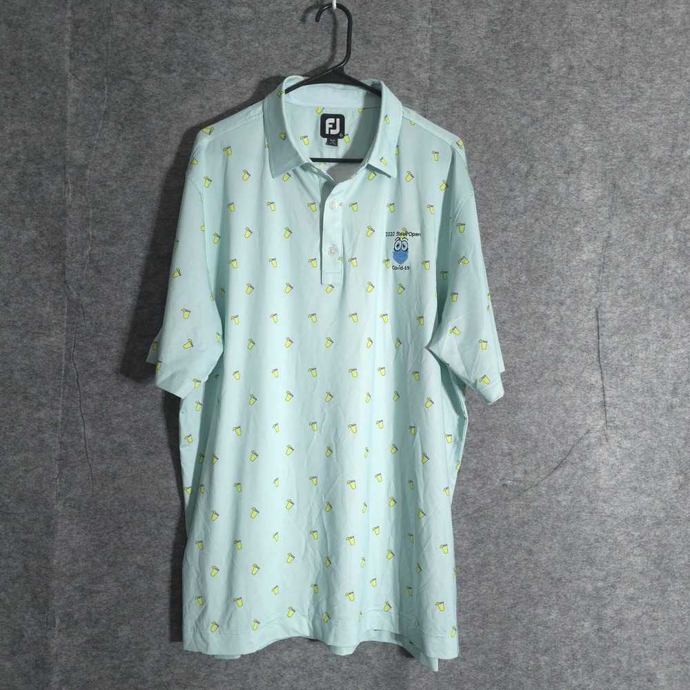 FootJoy FJ Golf Polo Shirt Mens XL Light Blue Drink Print 2020 Steak Open PGA